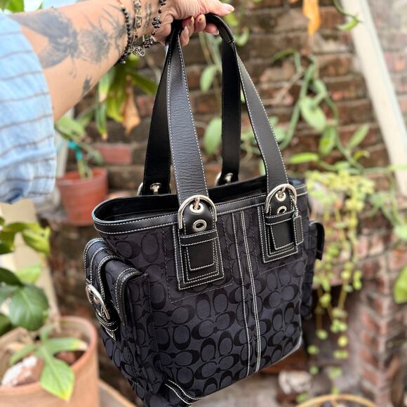 Coach Soho Signature Tote Bag Black C Jacquard Canvas & Leather 